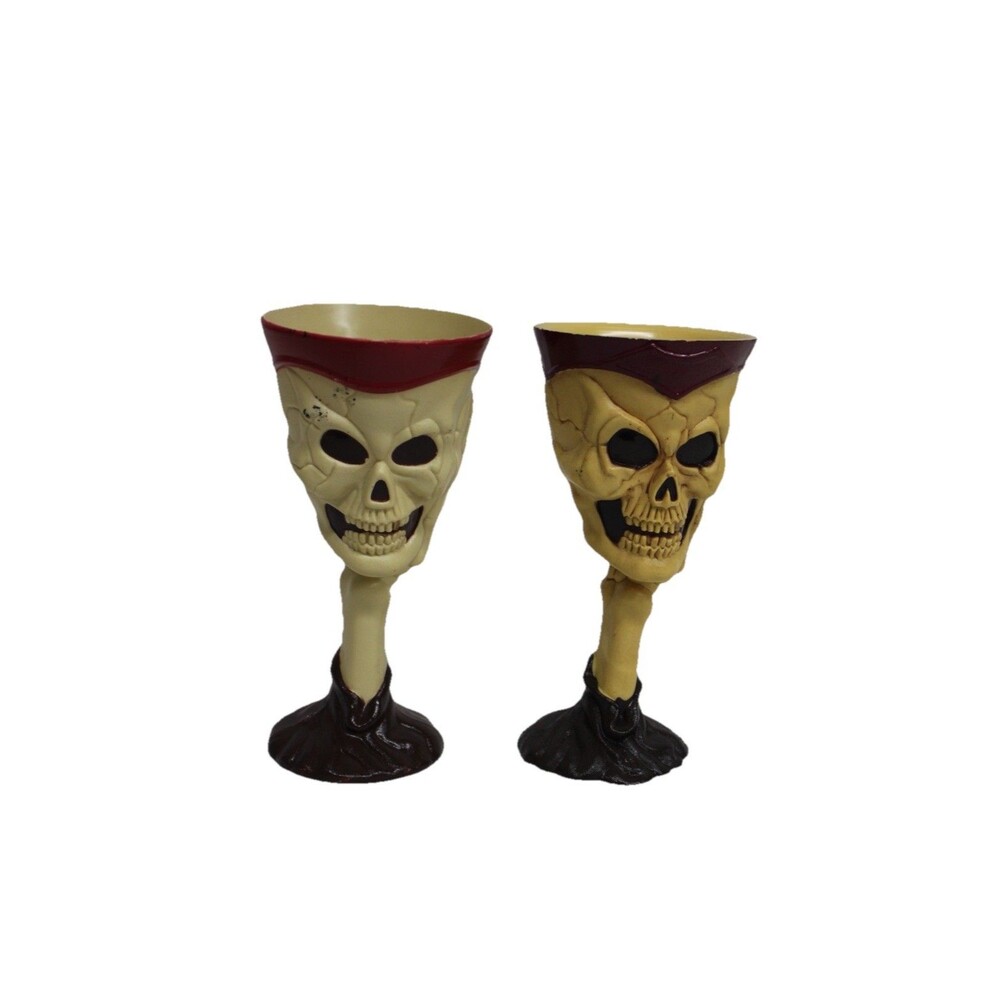 Vintage Plastic Skull Skeleton Goblet Pair Halloween Hard-Plastic Set